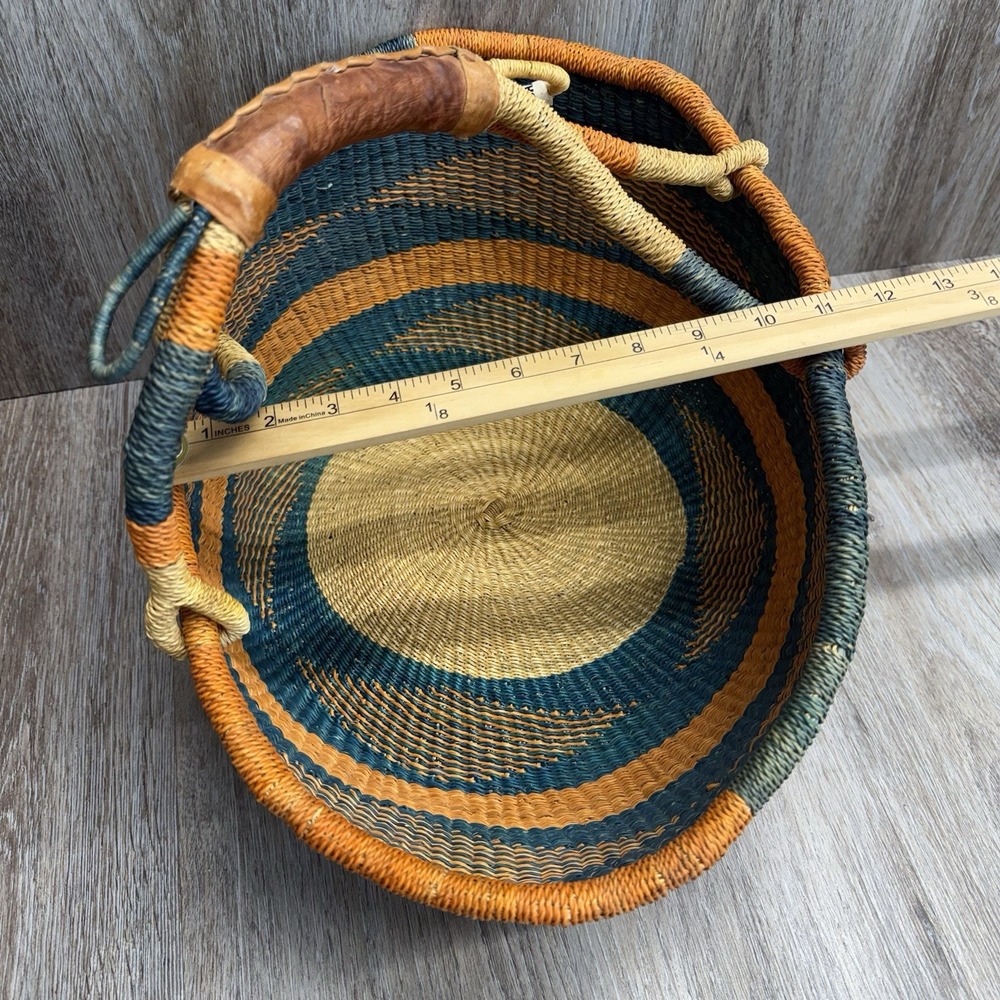 Woven African Bolga Ghana Market Basket Large Leather Handle - Picture 14 of 16